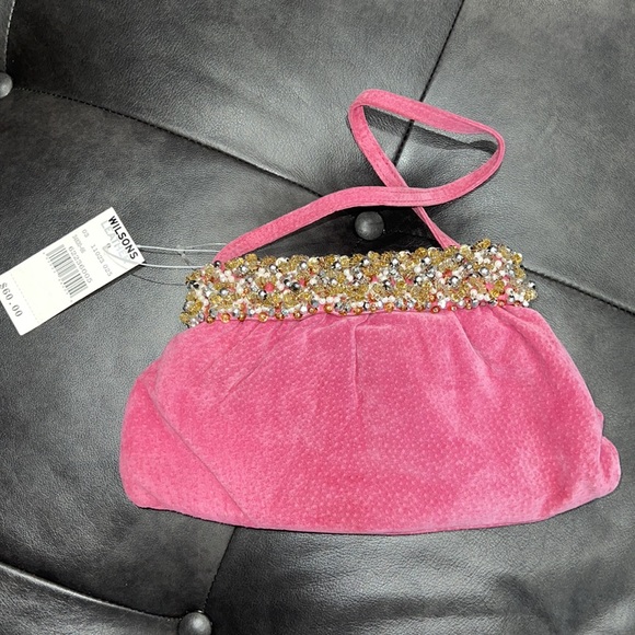 Wilsons Leather Pink Suede Clutch with Pearl, Silver Metallic Bead & Gold Sequin - Picture 4 of 5